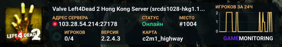 Valve Left4Dead 2 Hong Kong Server (srcds1028-hkg1.141.164)