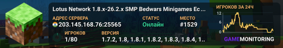 Lotus Network 1.8.x-26.2.x SMP Bedwars Minigames Economy CE CS/Valo Java + Bedrock